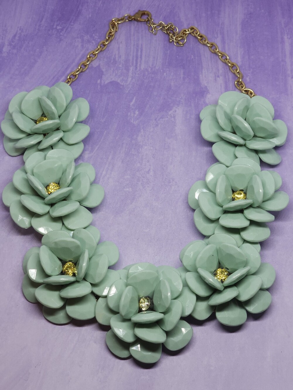 Mint Green Chunky Floral Statment Necklace Gold Tone Chain